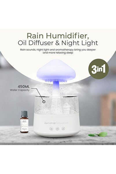 Generic Relaxation Mushroom Rain Humidifier - Cloud Oil Diffuser, Night Light & Waterfall Lamp with