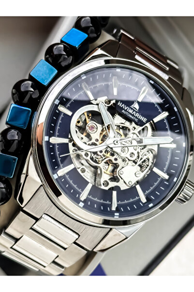 Navimarine Automatic (Battery-Free) Men's Watch, Steel Band. 2 Years Warranty,Navy Blue Dial Silver Color Bracelet