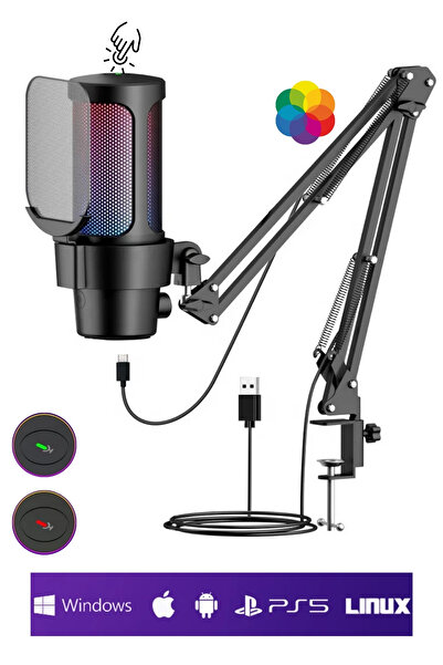 TeknolojiSA Lınux Profesyonel Oyuncu ve Yayıncı Mikrofonu Podcast Yayın Stüdyo İnfluencer RGB Kayıt Mikrofonu