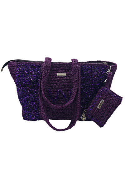 Wowolayn el örgüleri Wowolayn Tasarım Işıltılı Mor Kağıt İp Çanta (Cüzdanlı)