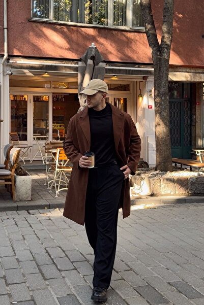 Livio Ferri Erkek Regular Fit Düğmeli Cepli Kışlık Astarlı Klasik Uzun Kaşe Kaban