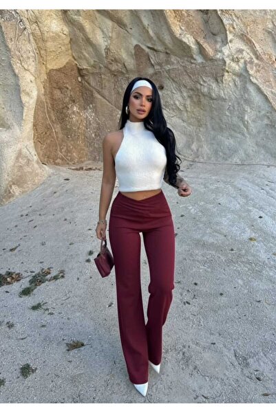 albaroda Pantaloni de damă bordeaux cu talie adunată evazat