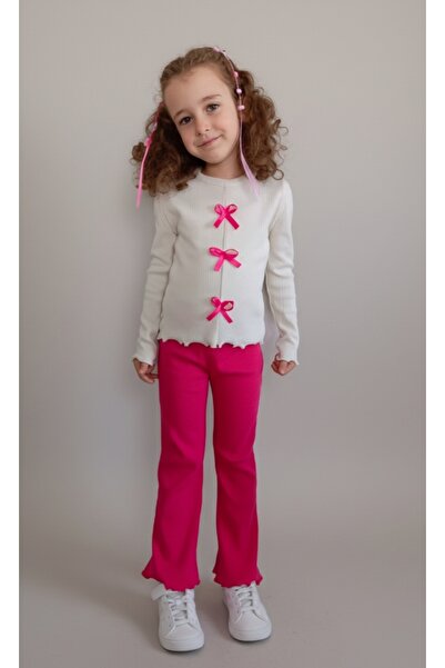 NİLZ Cream Color Pink Ribbon Detailed Ribbed Camisole Girls' Top and Bottom Set