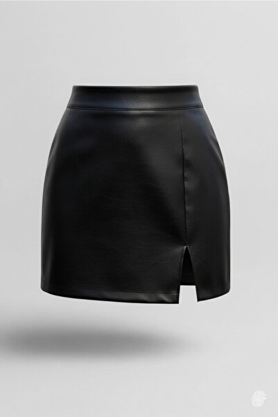 SLAW REZZ Black Winter Mini Skirt Faux Shredded Leather Fabric Slit Mini Skirt
