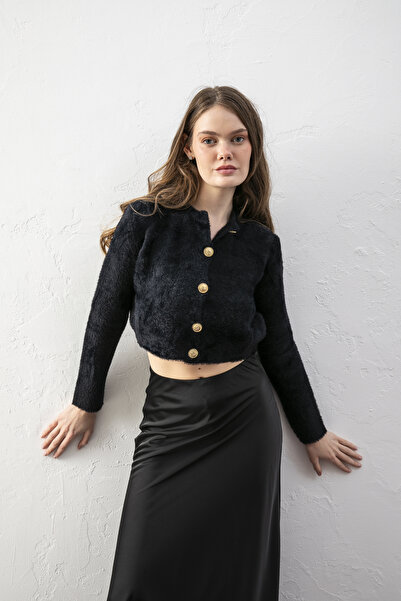 Loov Yumuşak Dokulu Siyah Düğmeli Crop Hırka – Abiye Bolero Tarzı Şık Kadın Puffy Hırka - Yumoş Hırka