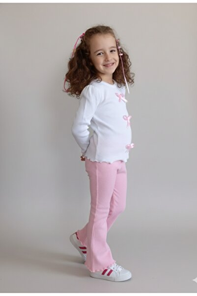 NİLZ White and Pink Girls' Ribbed Camisole Top and Bottom Set with Ribbon Detail