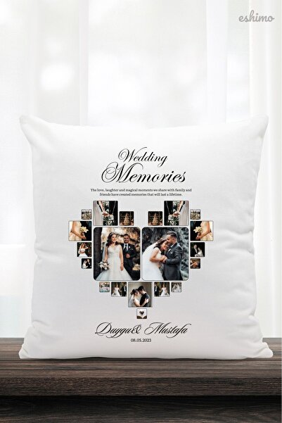 Eshimo Düğün Anıları Kalpli Kişiselleştirilebilir Resimli Baskılı Yastık