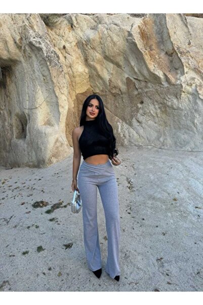 albaroda Γυναικείο παντελόνι καμπάνα με γκρι μέση με κορδόνι