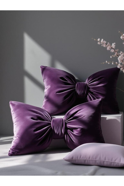 JACA Fiyonk Görünümlü Kadife Dekoratif Yastık İç Dolgulu Kurdele Hediye Kırlent Minder Seti (3 Parça)