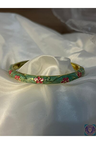 uyguntakıaksesuar سوار ذهبي مطلي بالمينا بنمط زهور وردية على خلفية خضراء - صن...