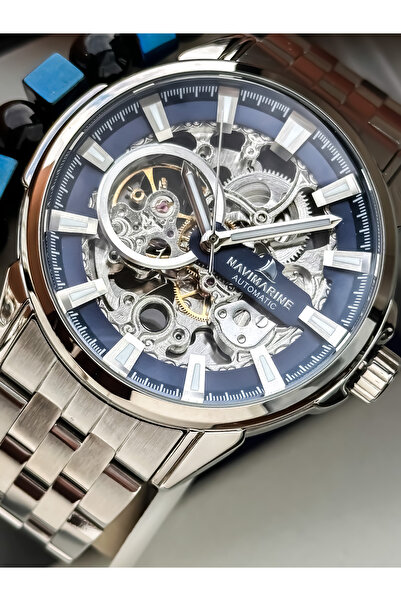 Navimarine Automatic (Battery-Free) Men's Watch, Silver Steel Band. 2 Years Warranty, Navy Blue Dial with Bracelet Gift