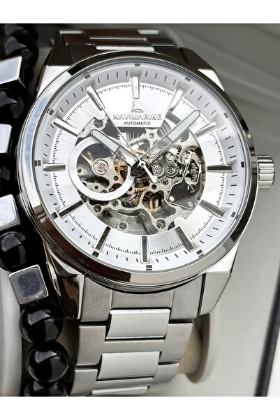 Navimarine Automatic (Battery-Free) Men's Watch, Steel Band. 2 Years Warranty,White Dial,Silver Color Bracelet with Gift