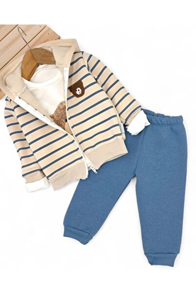 Ege Bebek Baby Boy Striped Teddy Bear Patterned, Winter 3-Layer Quilted Jacket and Bottoms, Thin Badili (Likely a Brand or Style Name), 6-24 Months 3-Piece Set