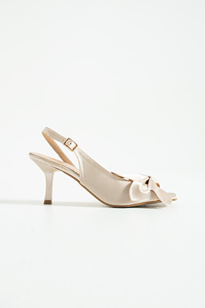 Pazzyonez Women's Brona Beige Satin Bow Detailed Ankle Belt Detailed Heeled Sandals Shoes