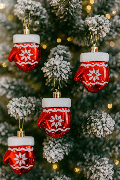 Huzur Party Store Kırmızı Desenli Eldiven 4 Adet 7 cm Mika Yılbaşı Çam Ağacı Süsü Noel Yeni Yıl Ağaç Dekoratif Parti