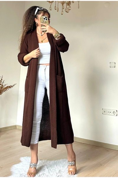 AZRA BUTİK Довгий каптурний кардиган Acı Kahve