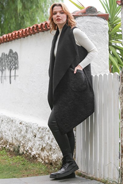 Chiccy Італійський чорний шарф з коміром без рукавів з кишенями, повсякденний буклет, тканий жилет 90 65