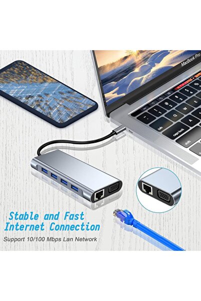 Generic موزع USB-C 11 في 1 مع 4K HDMI وVGA وUSB 3.0 وEthernet وقارئات بطاقات SD/TF - متوافق مع MacBoo
