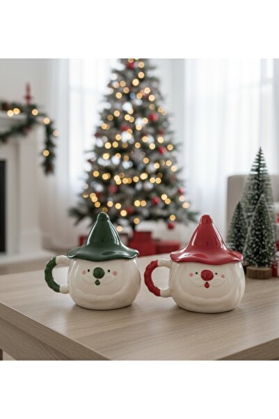 Kotium Ceramics 2 ' Lİ ŞAPKA ' LI NOEL BABA KUPA Yılbaşı Özel Kabartmalı Dokulu Tamamıyla El Yapımı Seramik Kupa