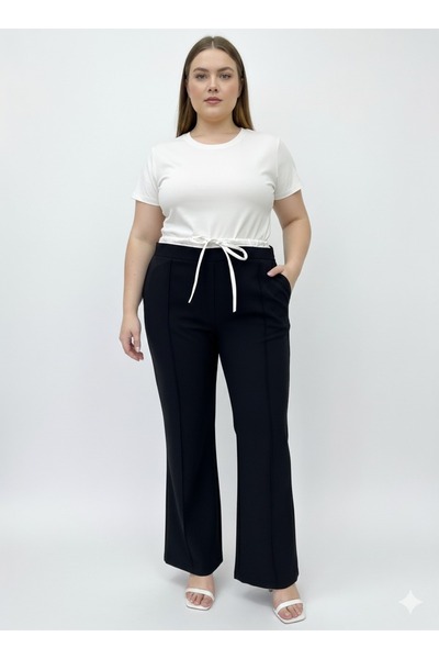My ELİF Tekstil Black Wide-Leg High-Waisted Woven Plus Size Fabric Pants