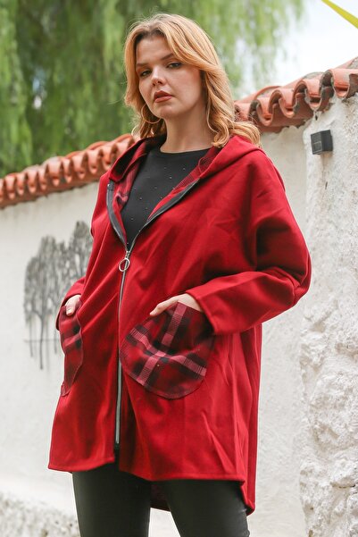 Chiccy Italian Red Hooded Long Sleeve Zippered Pocket Casual Cashmere Woven Coat 80 75