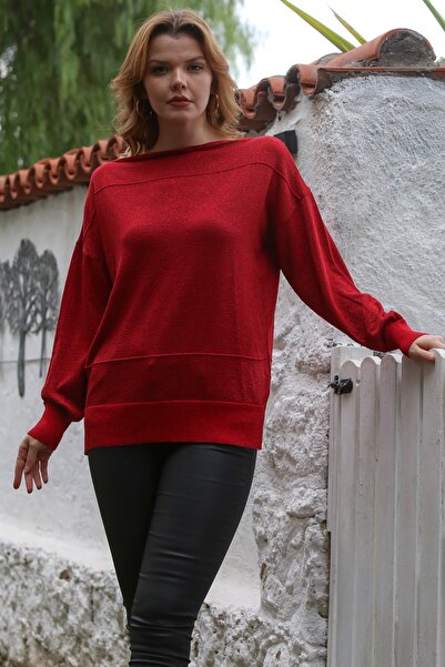 Chiccy Kırmızı Kayık Yaka Yarasa Kol İnce Boncuklu Triko Bluz 70 70