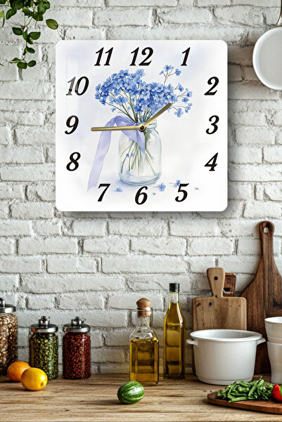 kutuTR Blue Floral Glass Vase Themed Tempered Glass Square Clock 33X33 cm Size Uv Printing - Kcs064