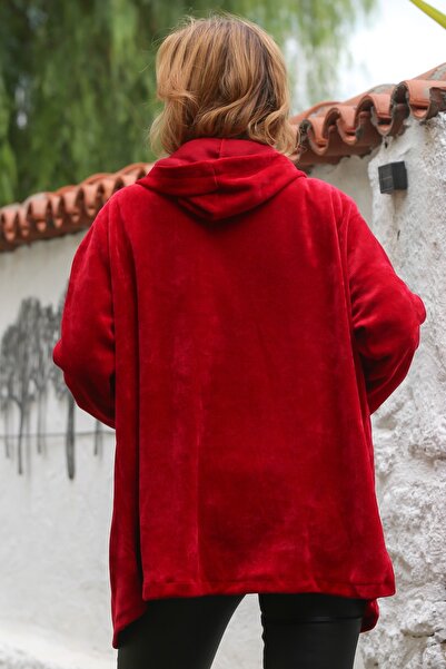 Chiccy Italian Red Hooded Long Sleeve Zippered Pocket Casual Velvet Woven 80 75