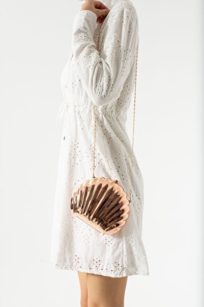 H&D COLLECTİON Women's Rose Metal Oyster Seashell Model Evening Dress and Special Occasion Portfolio Chain Strap Bag