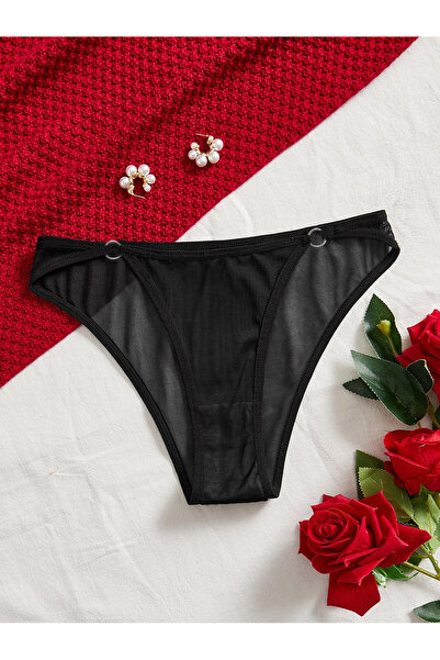 Liona Siyah Renk Astarı Pamuklu Halkalı Likralı Tül Kadın Bato Külot