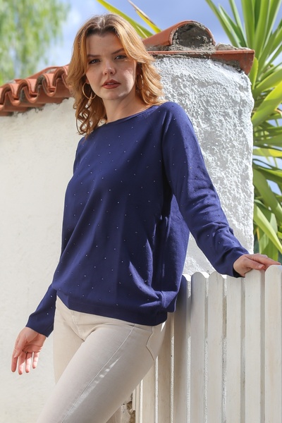 Chiccy Синій круглий комір, довгі рукави, тонкий трикотажний светр з намистинами 0 0