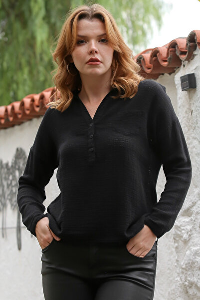 Chiccy Black Shirt Collar Long Sleeve Buttoned Pocket Cotton Woven Blouse 60 56