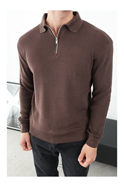 perasttesktil Ανδρικό πλεκτό πουκάμισο με φερμουάρ και γιακά