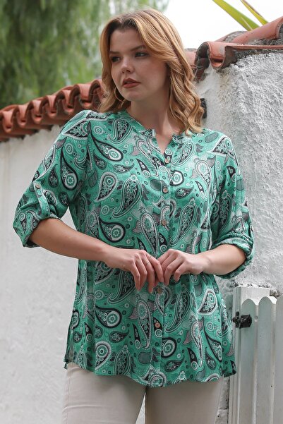 Chiccy Green Judge Collar Buttoned Long Sleeve Patterned Woven Shirt 70 58