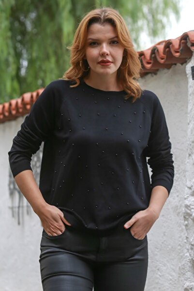 Chiccy Μαύρη μπλούζα με στρογγυλή λαιμόκοψη με μακριά μανίκια με λεπτές χάντρες 68 66