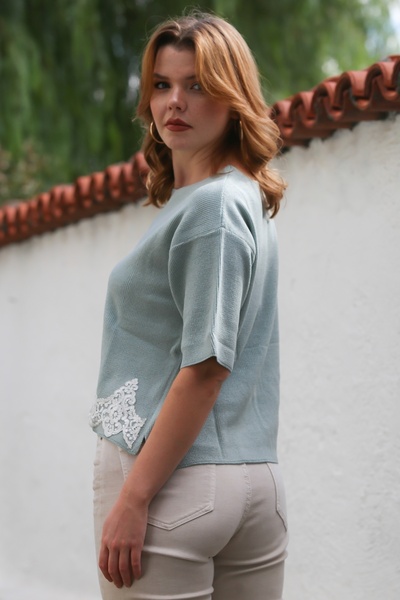 Chiccy Mint Round Neck Short Sleeve Lace Knitwear Blouse 64 57