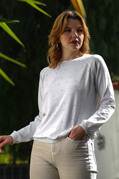 Chiccy Ecru Round Neck Long Sleeve Thin Beaded Knitwear Blouse 68 66