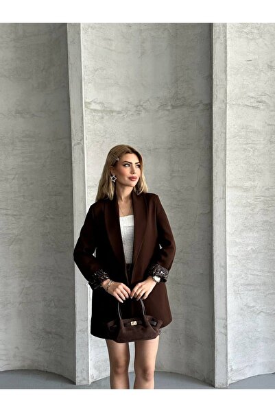 TRENDLİA سترة بليزر طويلة مبطنة بنقشة الفهد مع جيب بدون أزرار