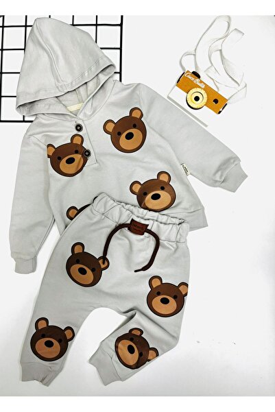 cacobutik Baby Boy Cute Teddy Bear Printed Hoodie Set