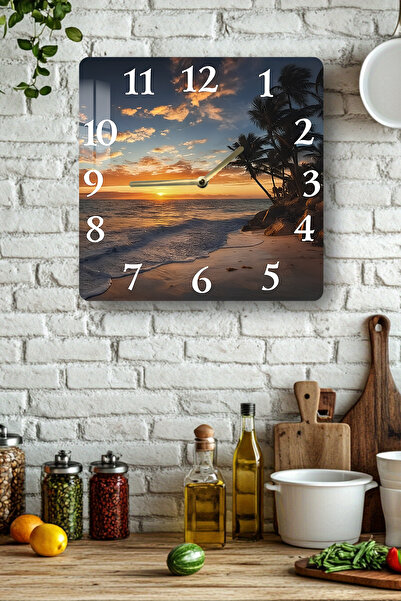 kutuTR Sunset Beach View Tempered Glass Square Clock 33X33 cm Size Uv Printing - Kcs058