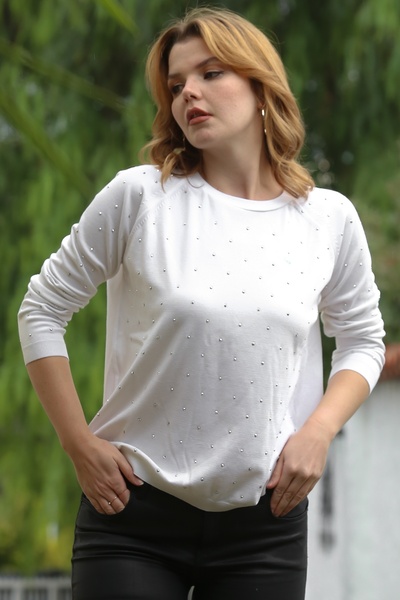 Chiccy Ecru Round Neck Long Sleeve Thin Beaded Knitwear Sweater 0 0