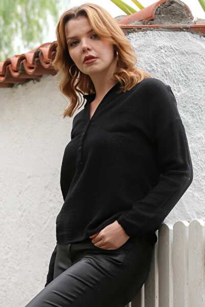 Chiccy Black Shirt Collar Long Sleeve Buttoned Pocket Cotton Woven Blouse 60 56