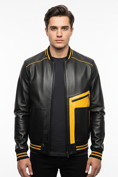 ECOTİQUE معطف جلد طبيعي أسود ضيق للرجال من الجلد الفاخر