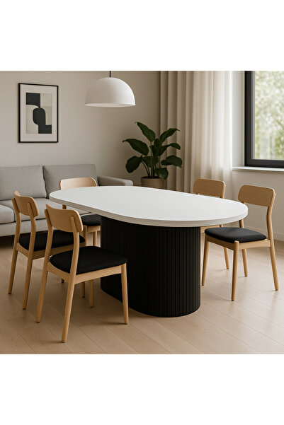 Arvessohome Dolunay 180x90x75cm (36mm Kalin Kenarli) Oval Beyaz Sütunlu Yemek...