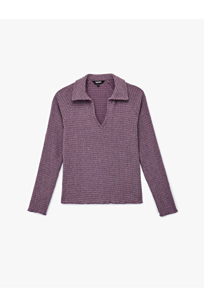 Koton Bürümcük Fabric Slim Fit Long Sleeve Polo V-Neck T-Shirt