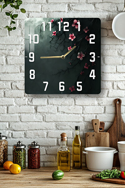 kutuTR Tempered Glass Square Clock with Sakura Floral Dark Background 33X33 cm Size Uv Printing - Kcs060