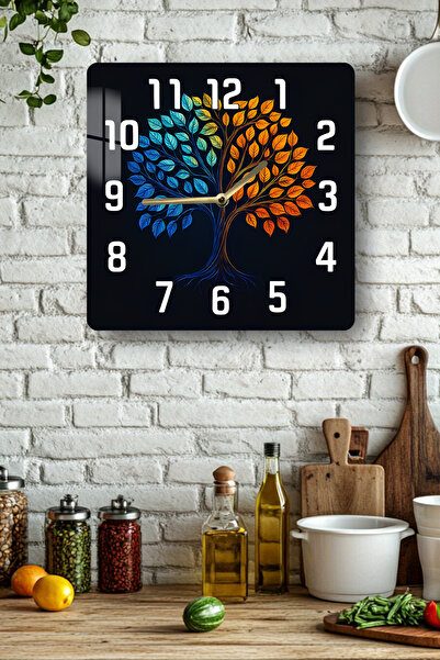 kutuTR Colorful Tree of Life Themed Tempered Glass Square Clock 33X33 cm Size Uv Printing - Kcs067