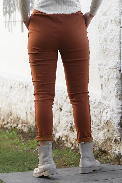 Chiccy İtalyan Bronz Rengi Cepli Yanları Şeritli Lastikli Ve Bağlamalı Bel Casual Dokuma Pantolon 98 62