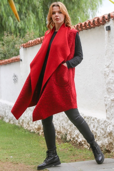 Chiccy İtalyan Kırmızı Şal Yaka Kolsuz Cepli Casual Buklet Dokuma Yelek 90 65