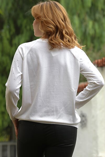 Chiccy Ecru Round Neck Long Sleeve Thin Beaded Knitwear Sweater 0 0